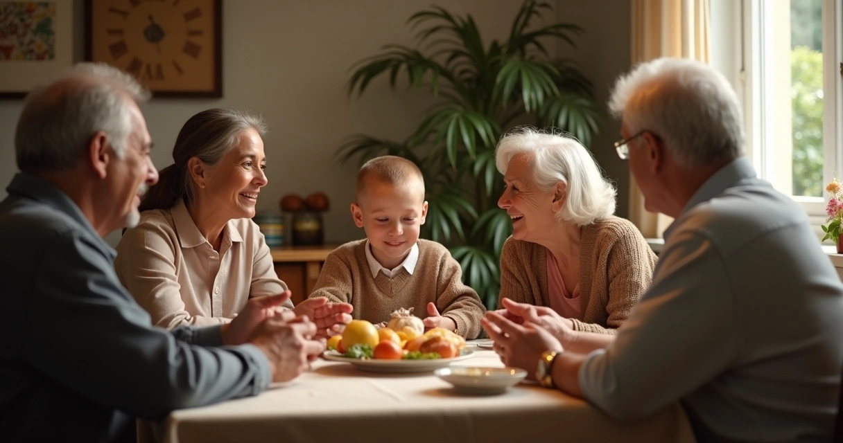 Familia sentada en mesa de comedor en conversación tranquila 