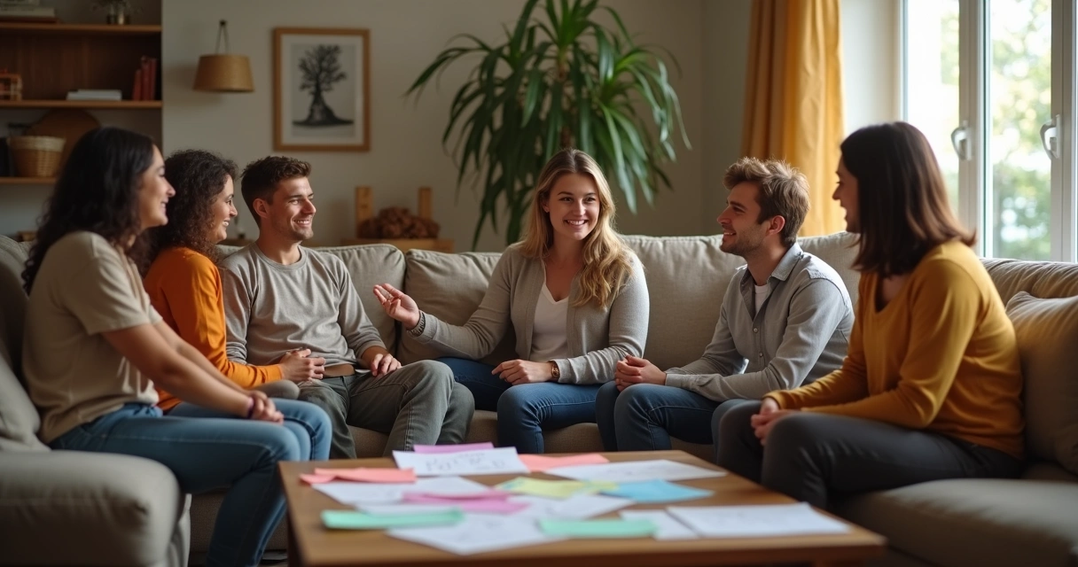Familia sentada en sala, dialogando sobre sus acuerdos y límites personales
