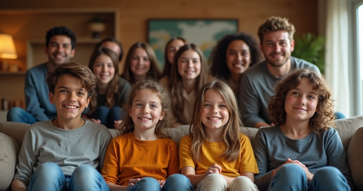 Familia reunida con emociones variadas en la sala 