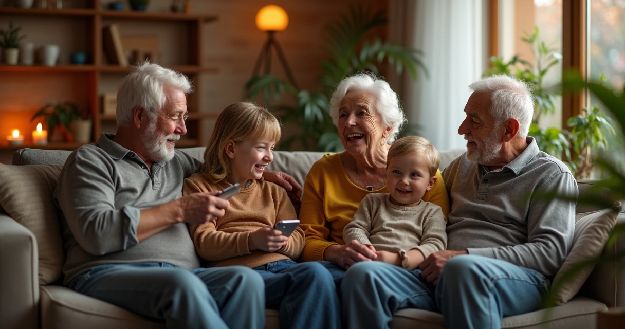 Familia conversando junta en la sala, sin dispositivos tecnológicos 
