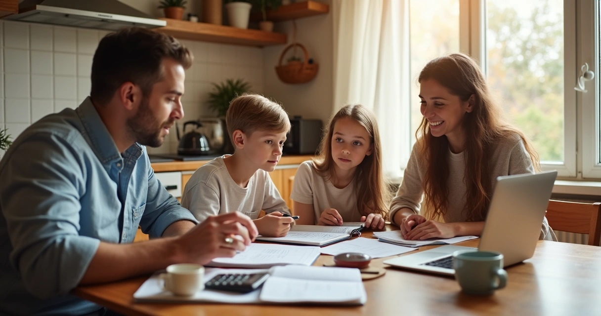 Familia sentada en la mesa revisando cuentas y papeles 