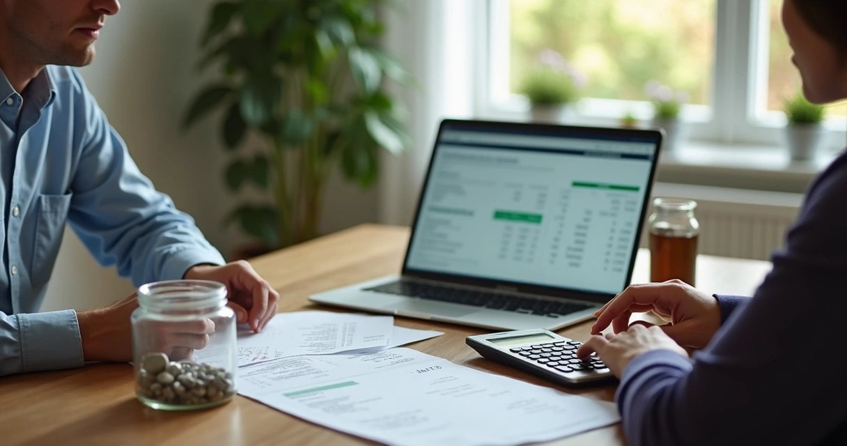 Duas pessoas revisando orçamento com contas e laptop