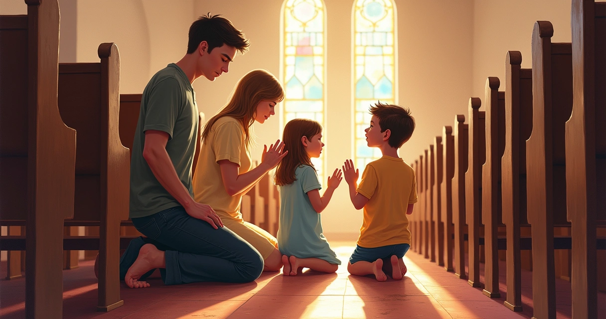 Família rezando em igreja católica na missa 