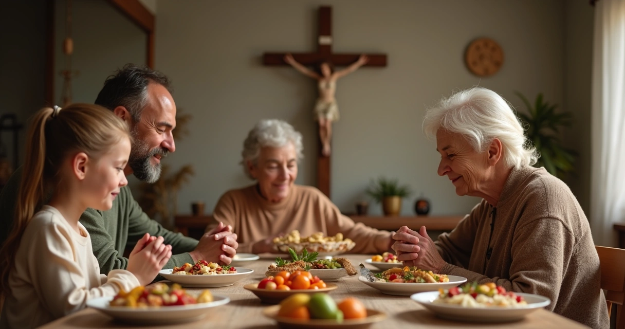 Família católica rezando de mãos dadas na mesa do jantar 