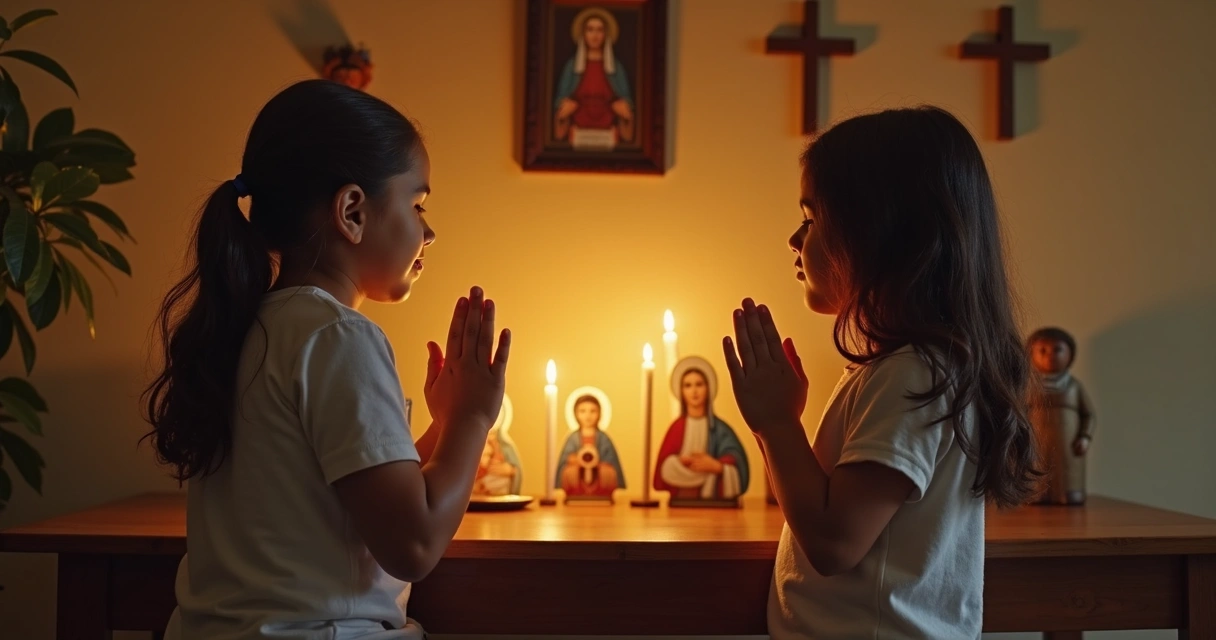 Família brasileira rezando diante de imagens de santos 