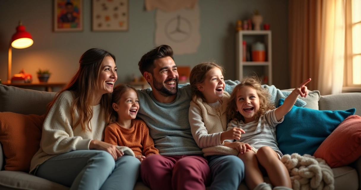 Familia sonriente en el sofá viendo televisión con manta y cojines juntos 