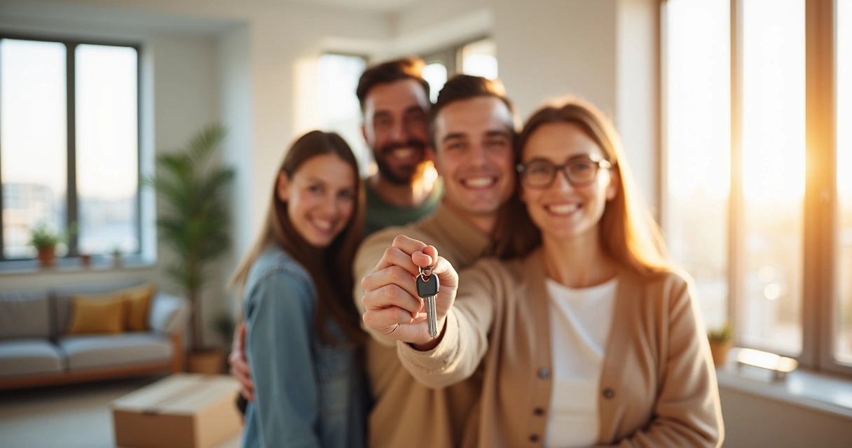 Família sorrindo em apartamento novo segurando chave.