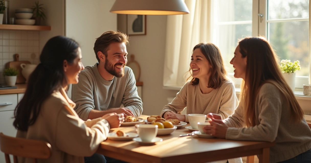 Família reunida rindo na cozinha durante o café