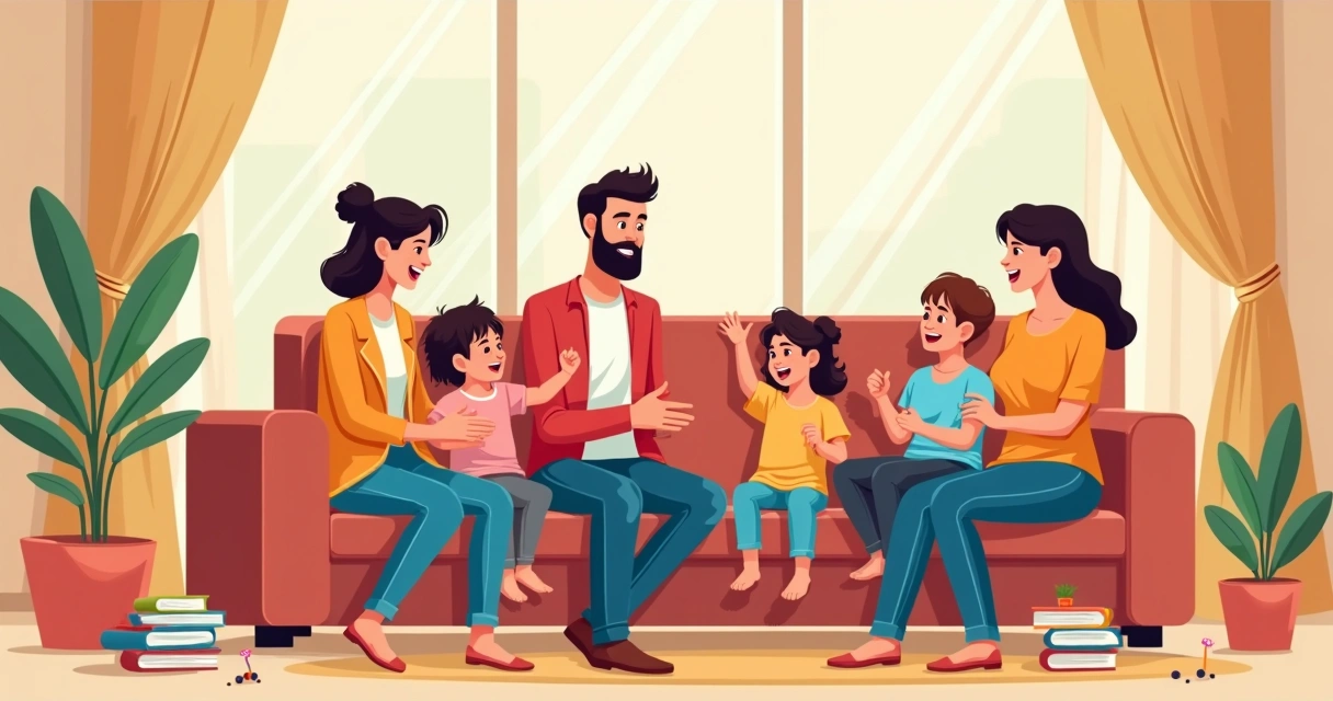 Família sentada em círculo sorrindo juntos. 