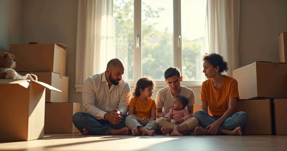 Família reunida com caixas de mudança em sala vazia 