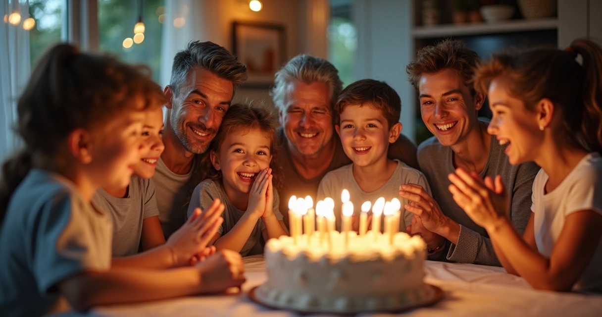 Família reunida em mesa celebrando aniversário com bolo 