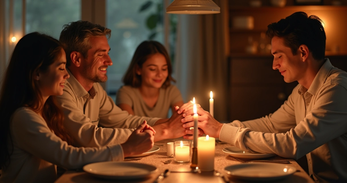 Família reunida à mesa, realizando ritual de gratidão durante o jantar 