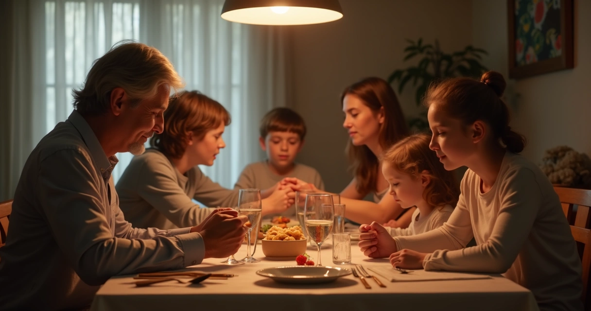 Família reunida à mesa, de mãos dadas, realizando um momento de silêncio 