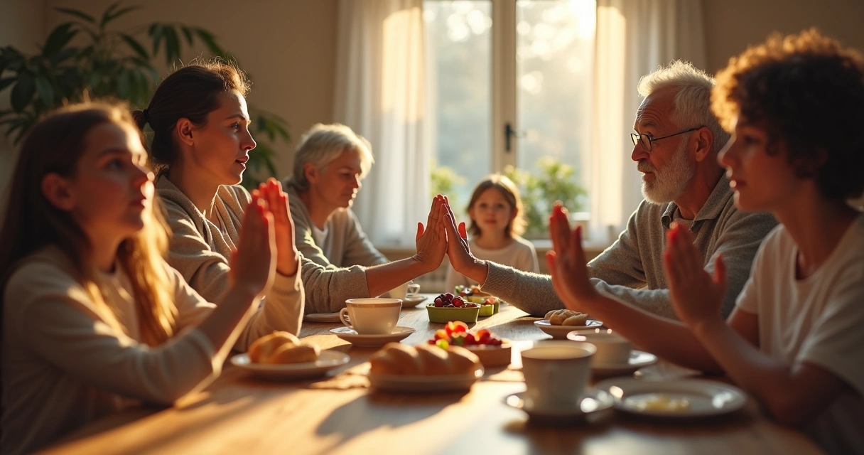 Familia realizando juntos un ritual diario en mesa de madera
