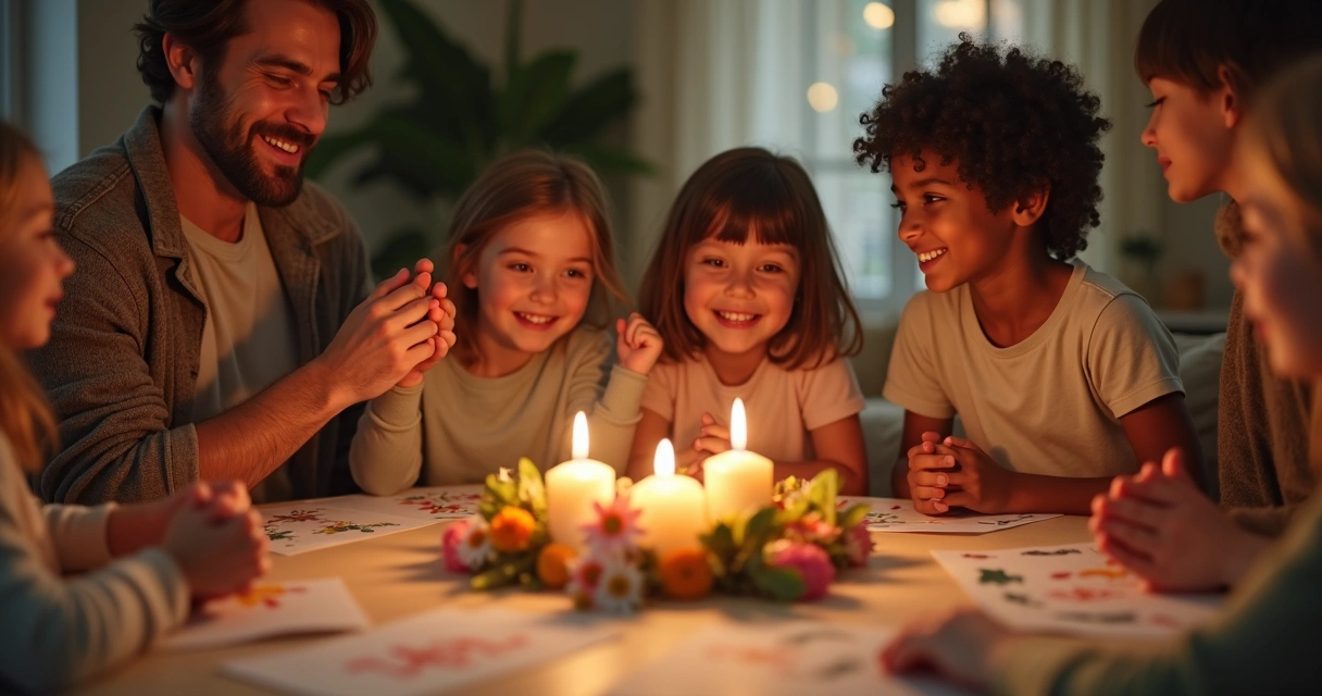 Família reunida ao redor de uma mesa decorada com flores e velas.
