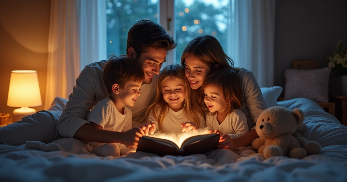 Família reunida na cama praticando gratidão à noite 
