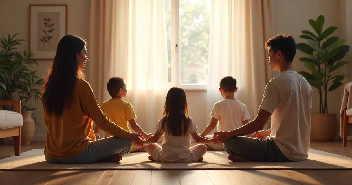 Família reunida sentada em círculo em silêncio praticando meditação juntos