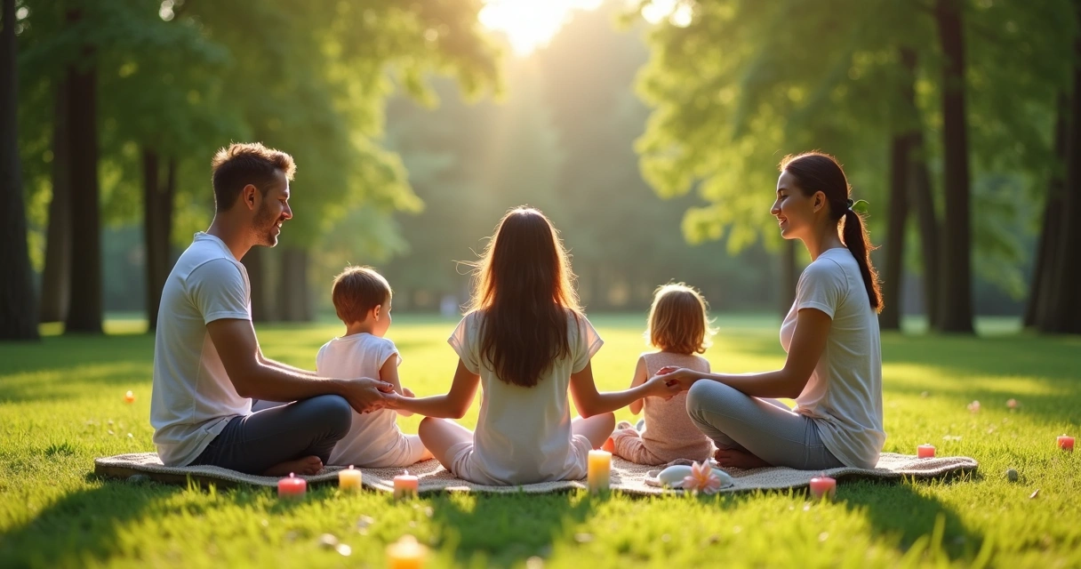 Família reunida em círculo ao ar livre, praticando pequeno ritual