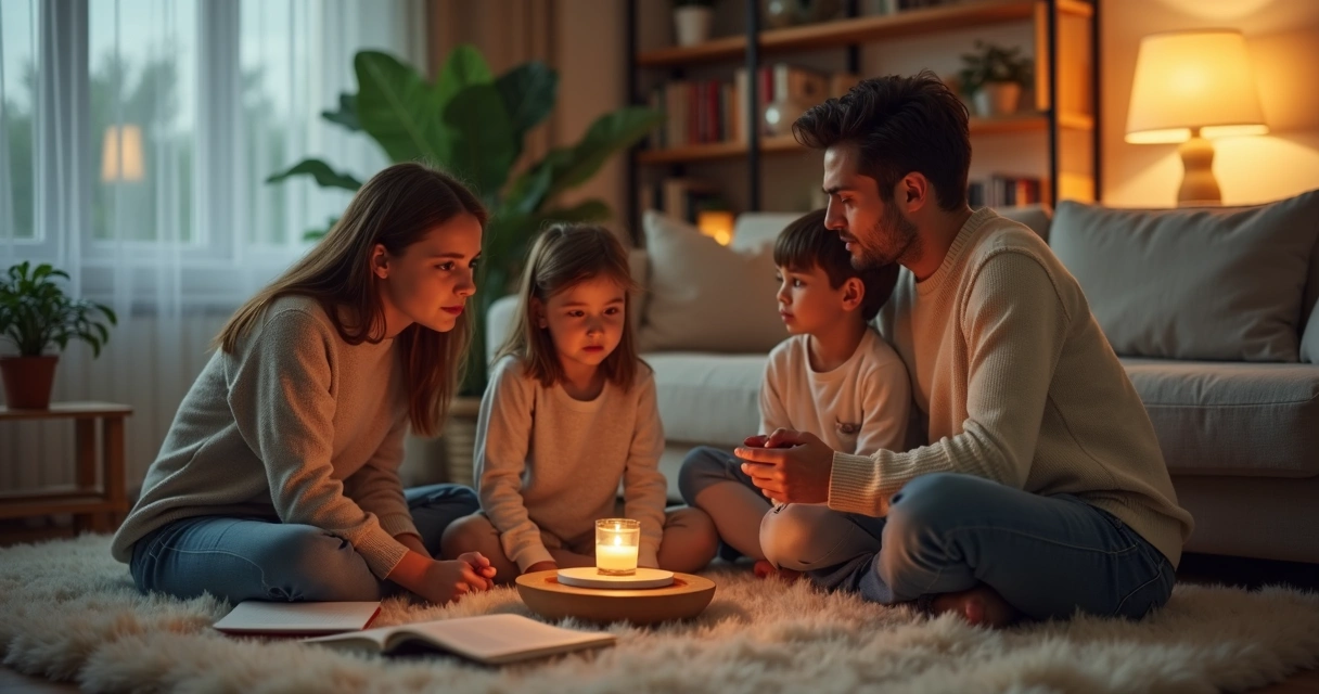 Familia sentada en el suelo durante un momento de calma en casa