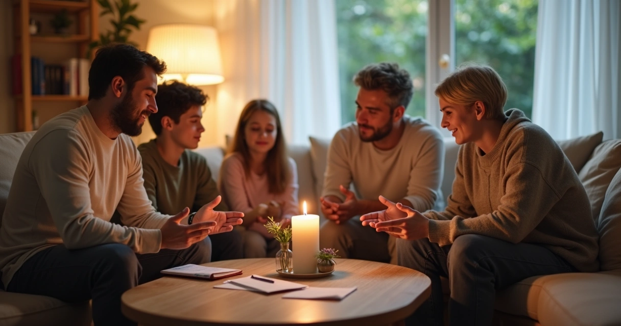 Família sentada em círculo na sala fazendo ritual de reconciliação 