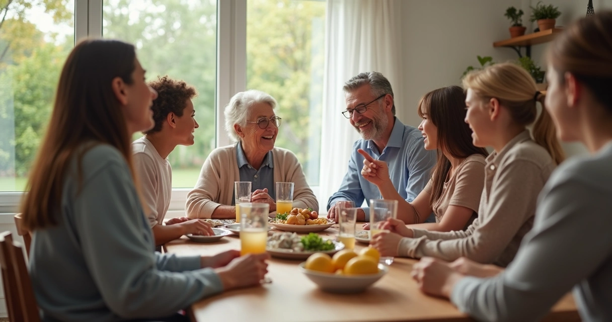 Família reunida à mesa fazendo uma roda de conversa 
