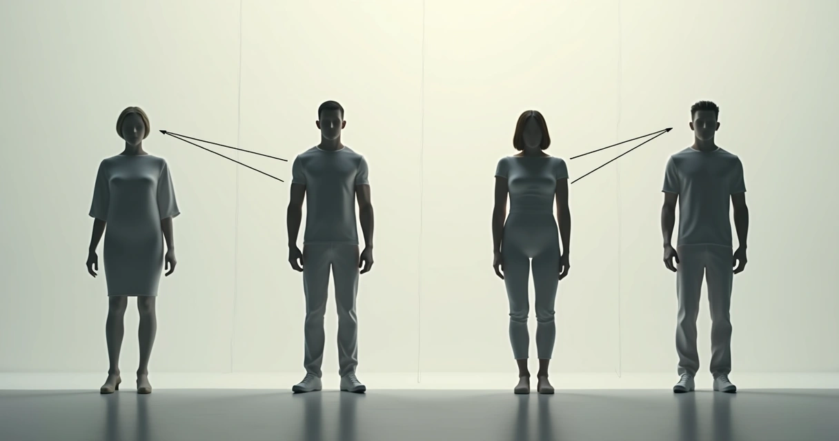 Cuatro figuras humanas dispuestas en línea, vistas desde arriba, con líneas conectándolas en diferentes direcciones 