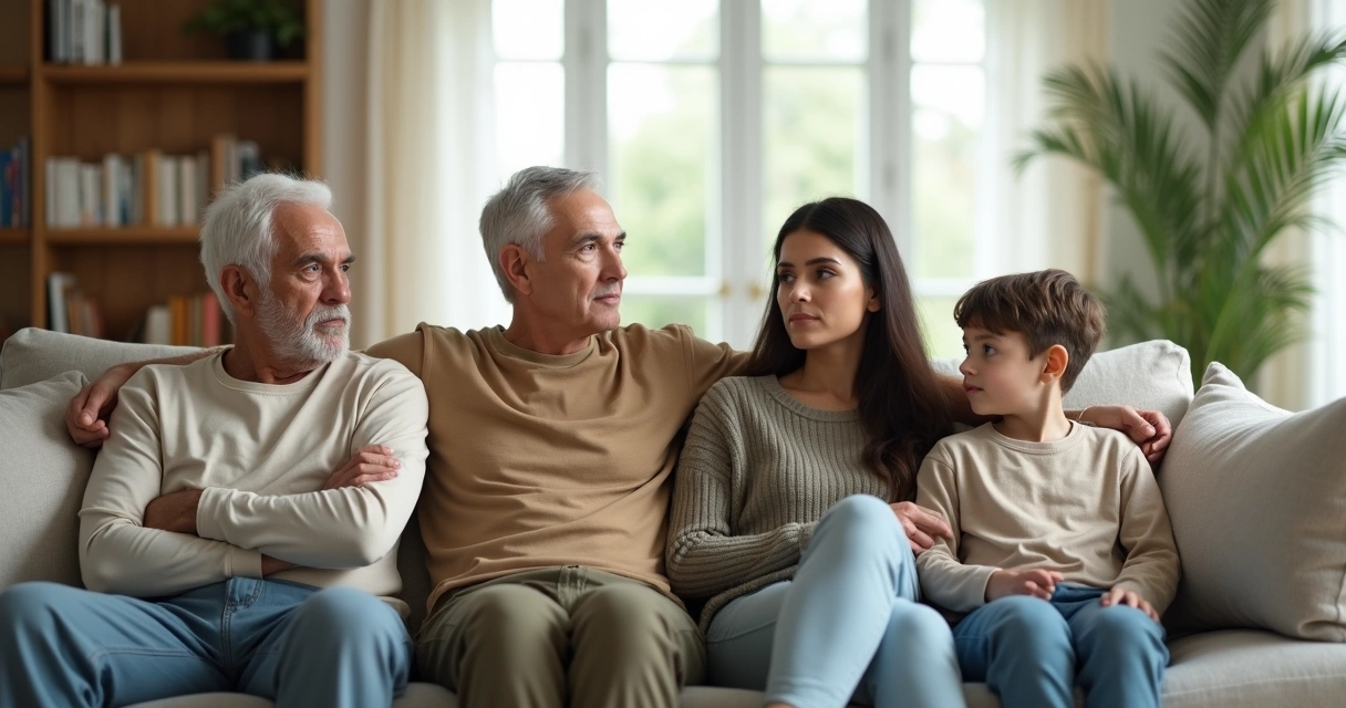Familia sentada en un sofá reflejando diferentes roles entre generaciones 