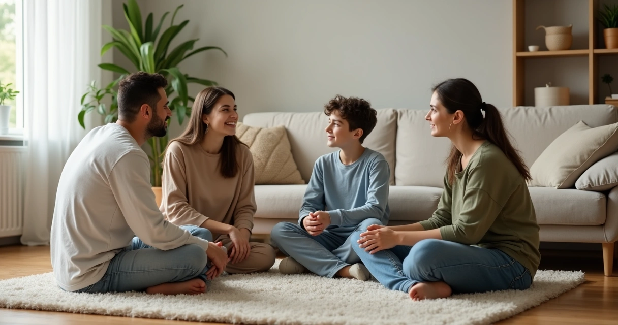 Família sentada em círculo na sala, conversando com expressão de acolhimento e reconciliação 