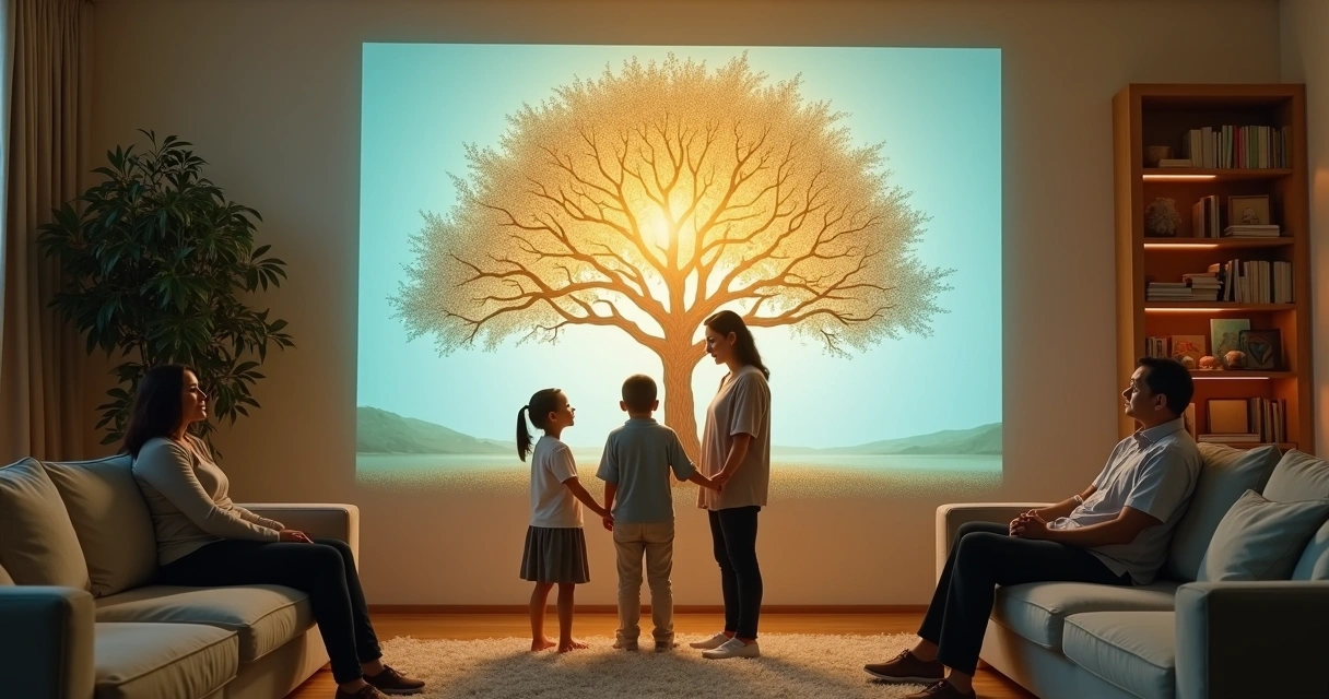Familia adulta unida observando un árbol genealógico luminoso 