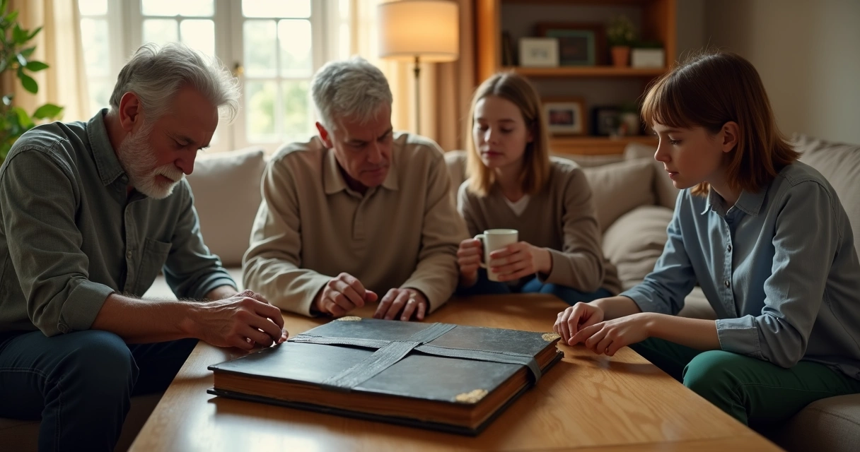 Cuatro familiares de distintas generaciones en salón acogedor rompen el silencio con gesto simbólico 
