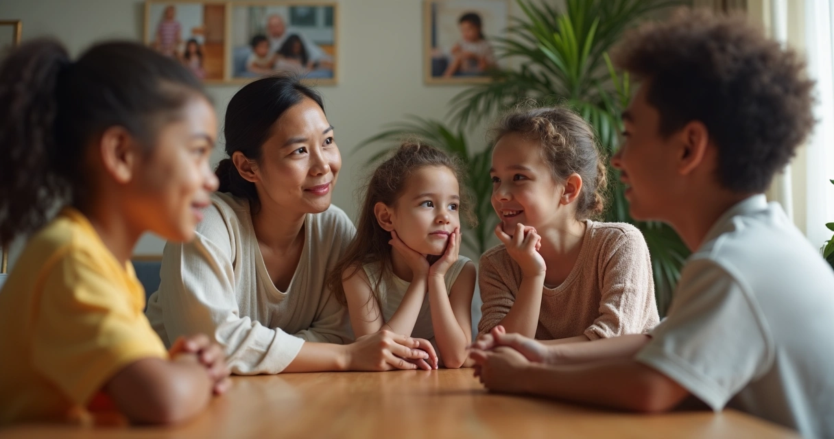 Rostos de família variados olhando uns para os outros, sentados ao redor de uma mesa 