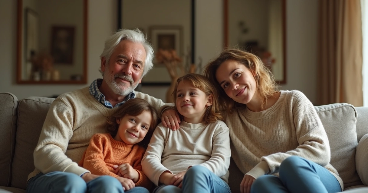 Familia con reflejos superpuestos en espejos, simbolizando conexiones familiares profundas.