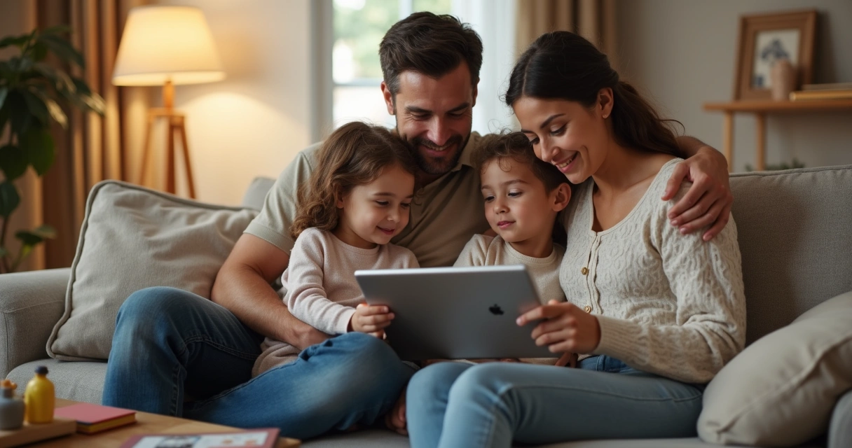 Família sentada no sofá usando tablet juntos 