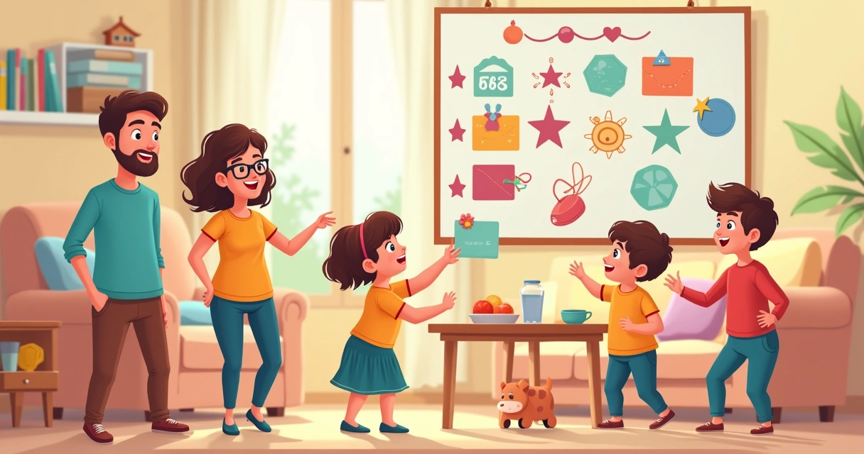 Família em casa seguindo quadro de rotina visual na sala 