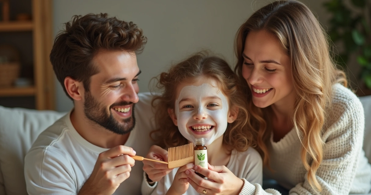 Família cuidando dos cabelos de crianças com produtos naturais. 