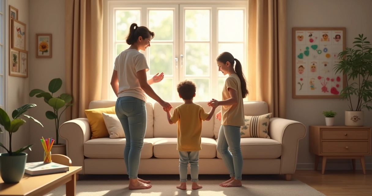 Família usando quadro de emoções em casa 