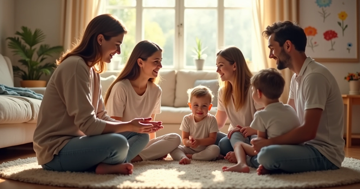 Família sentada em roda no tapete conversando e compartilhando sentimentos 