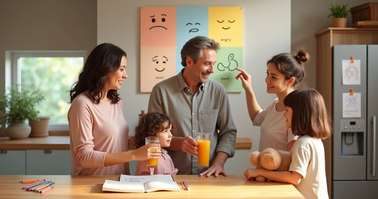 Família em cozinha organizando rotina com painel de emoções na parede 