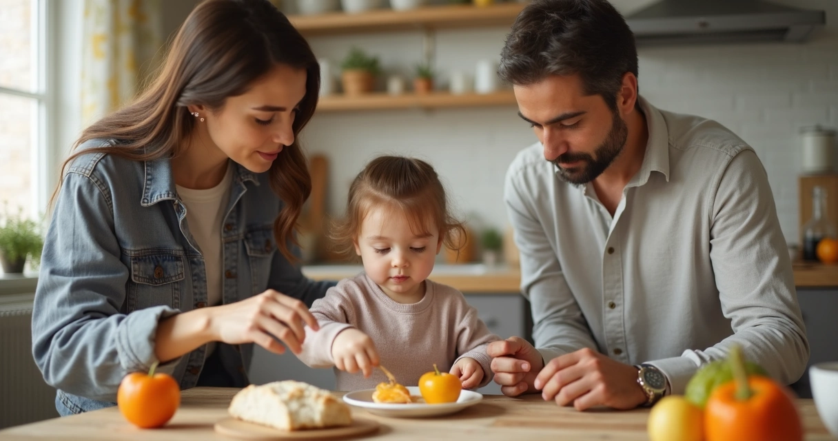 Família acompanhando rotina infantil na cozinha