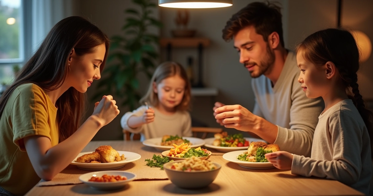 Família sentada reunida à mesa de jantar praticando atenção plena enquanto comem juntos 