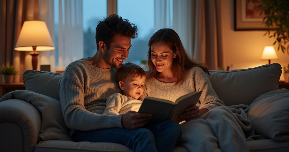 Família lendo juntos em ambiente tranquilo ao entardecer 