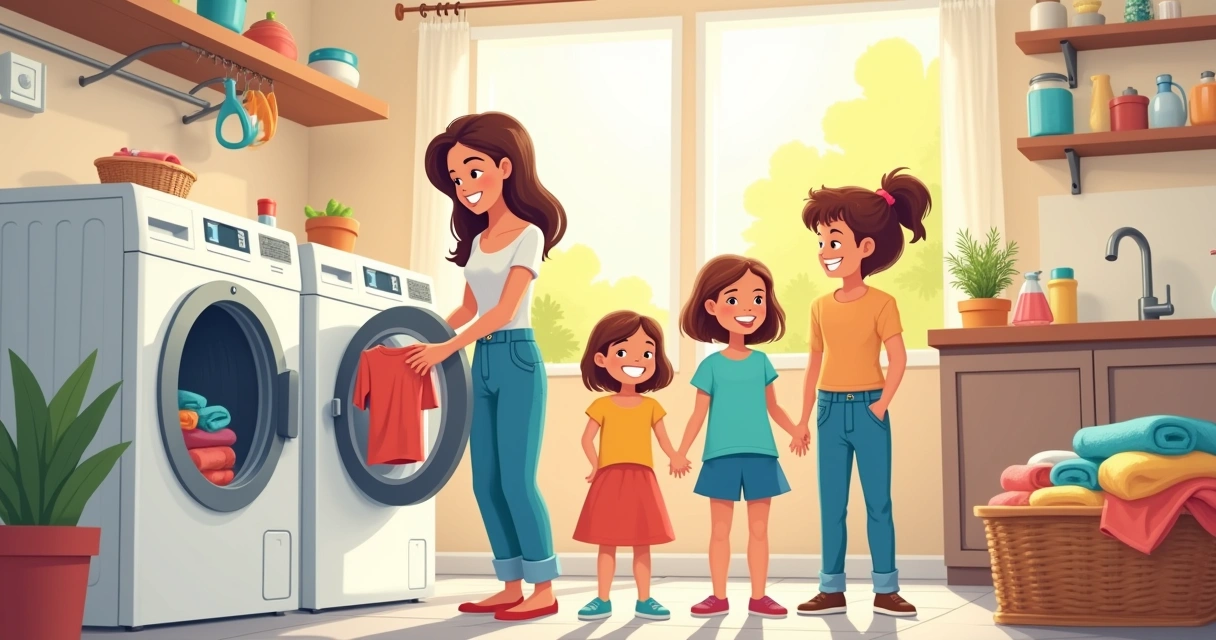 Família feliz com roupa lavada saindo da lavadora 