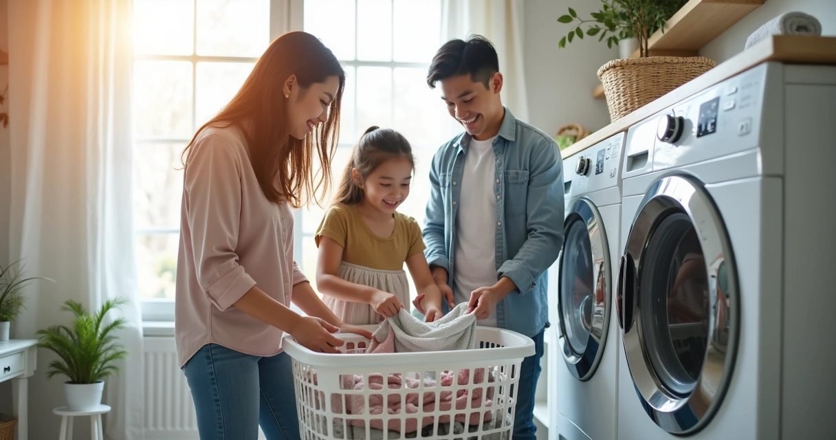 Família separando roupas para lavar, sorrindo, ambiente doméstico claro com máquina de lavar ao fundo