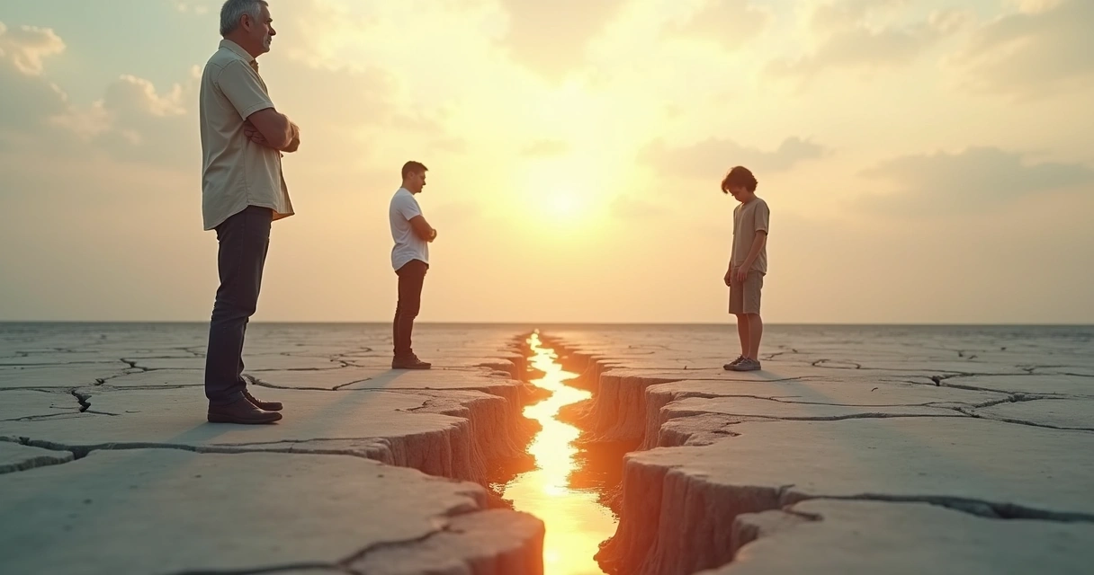 Três pessoas de uma família separadas por rachaduras em um chão, mas ligadas por linhas de luz 