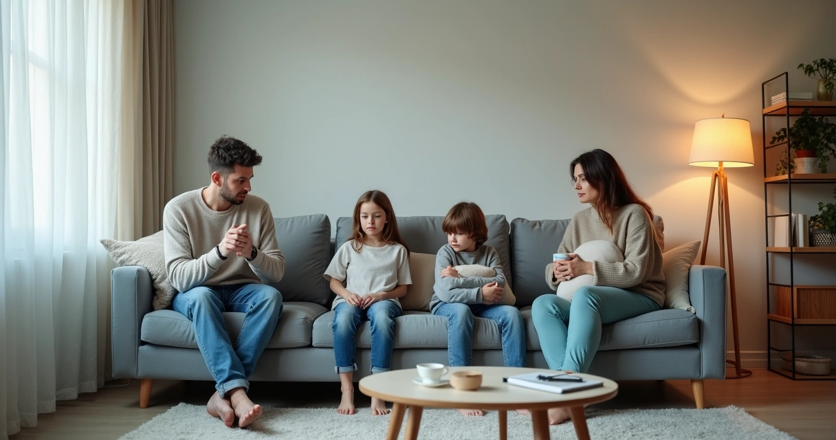 Família sentada no sofá com clima tenso e afastamento emocional 