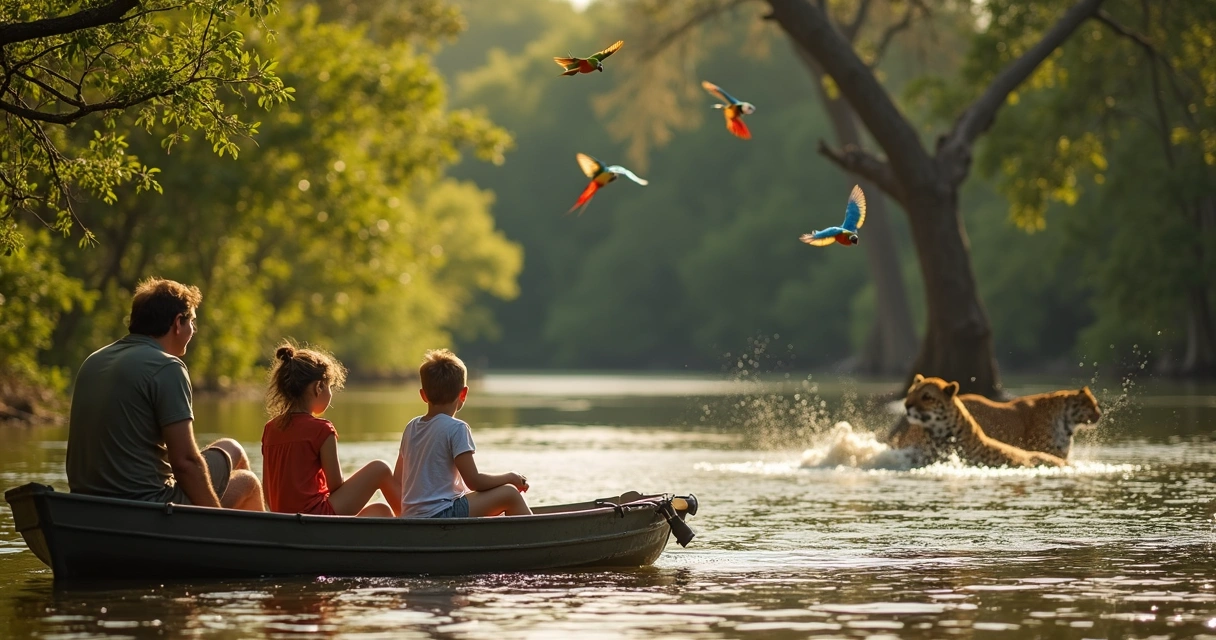 Família em barco de safari no Pantanal observando onça-pintada na margem 