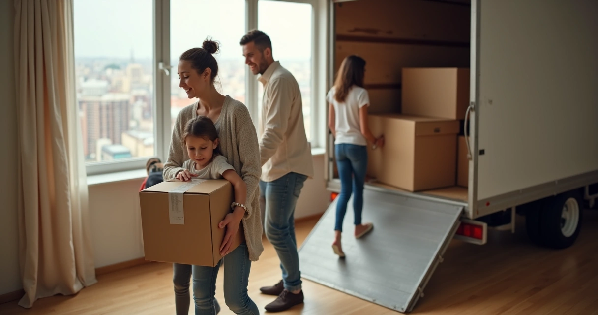 Família levando caixas para fora de imóvel em mudança 