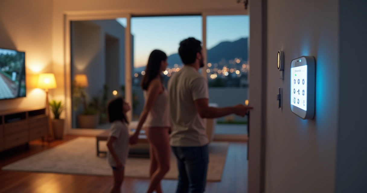 Familia em sala de estar observando painel de alarme residencial na parede 