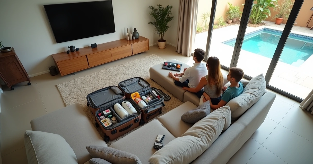 Família brasileira em sala de casa de temporada em Orlando organizando malas e itens de viagem 