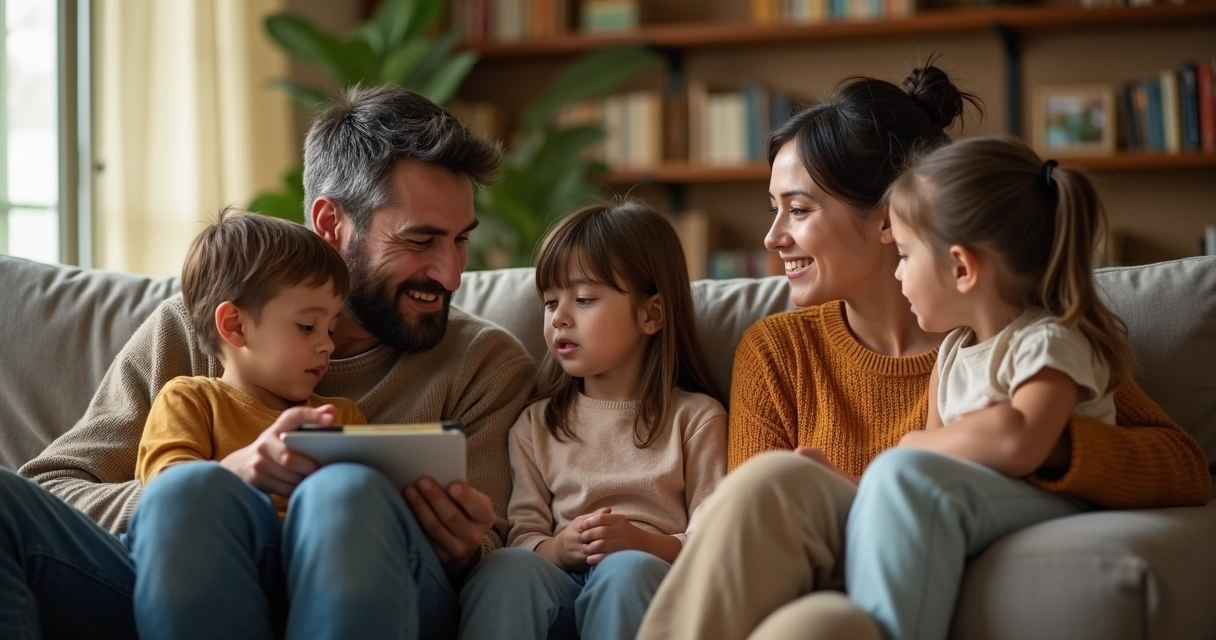 Família sentada conversando na sala, ambiente confortável 